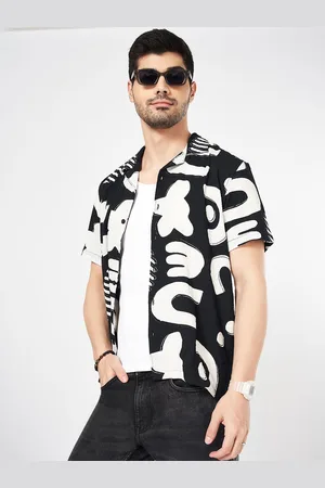 PEOPLE Men Cuban Collar Typography Printed Slim Fit Casual Shirt