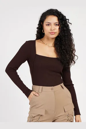 Sassafras Women Rib Square Neck Full Sleeves Solid Top