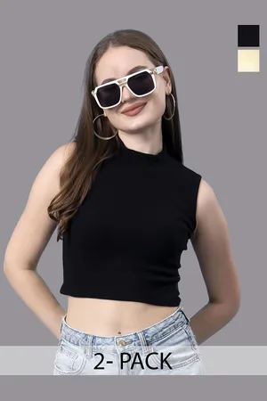Friskers Pack Of 2 Women Cotton Sleeveless High Neck Crop Top