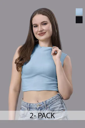 Friskers Women Pack of 2 Cotton High Neck Sleeveless Crop Top
