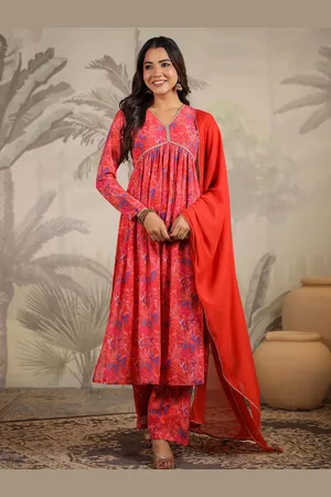 Janasya Floral Printed Pleated Gotta Patti Kurta with Trouser & Dupatta