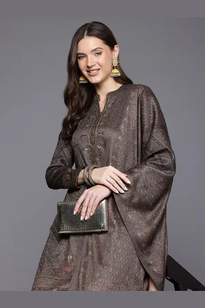 Cayman Ethnic Motifs Printed Sequinned Pure Wool Kurta With Trousers & Dupatta