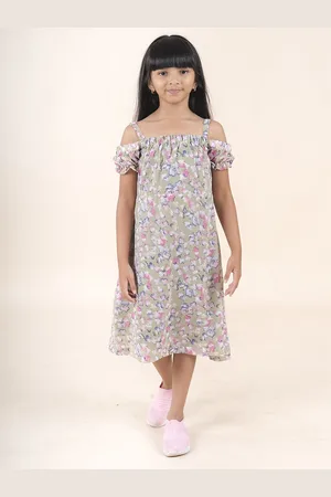 KiddoPanti Girl Floral Printed Cold-Shoulder A-Line Midi Dress