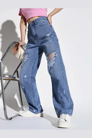SHOWOFF Women Comfort Wide Leg Highly Distressed Light Fade Jeans