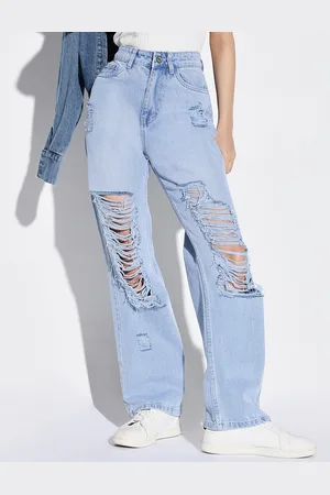 SHOWOFF Women Comfort Wide Leg Highly Distressed Light Fade Jeans