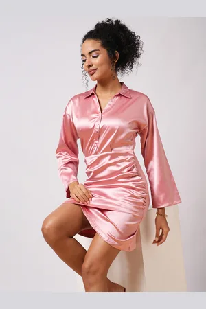 Globus Women Satin Shirt Collar Bell Sleeves Ruched Tulip Hem Mini Bodycon Party Dress