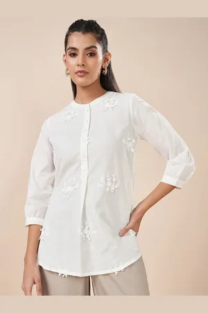 Pantaloons Women Cotton Mandarin Collar Embroidered Tunic