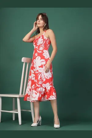 OOMPH Women Floral Print Crepe A-Line Midi Dress