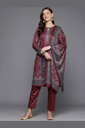 Cayman Ethnic Motifs Printed Panelled Beads & Stones Pure Wool Kurta Set