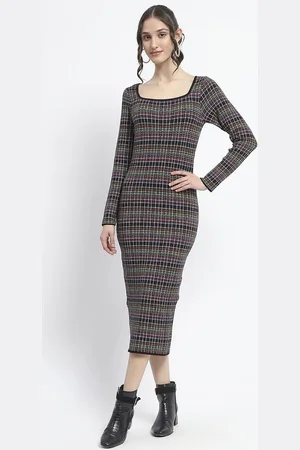 MADAME Women Print Long Sleeves Round Neck Knitted Bodycon Midi Dress