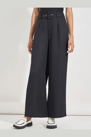 Styli Women Solid High Rise Wide Leg Belted Twill Pants