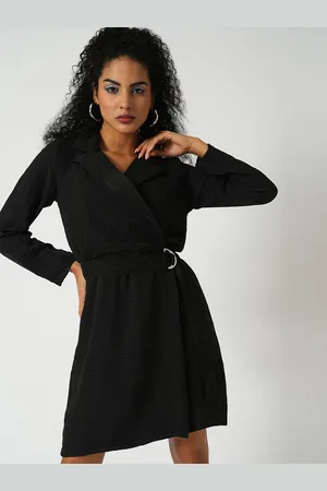 Globus Women Self Design Notched Collar Long Sleeves Belted Wrap Dress