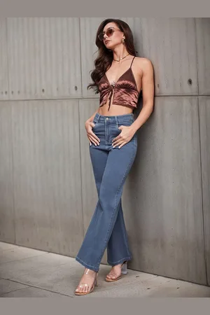 Miss Chase Women Cotton Wide Leg High-Rise Mildly Distressed Stretchable Jeans