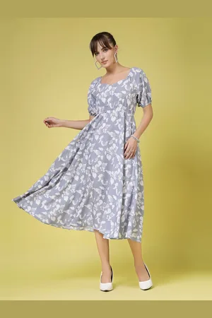 OOMPH Women Floral Printed Sweetheart Neck Puff Sleeve Fit & Flare Midi Dress