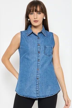 Ruhaans Women Classic Spread Collar Solid Denim Casual Shirt