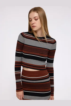 COVER STORY Women Striped Round Neck Crop Pullover Sweater