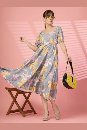 OOMPH Women Floral Printed Puff Sleeve Fit & Flare Midi Dress