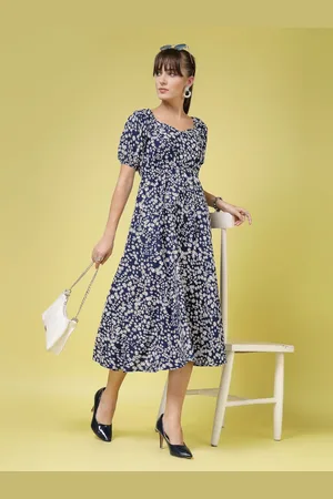 OOMPH Women Floral Printed Puff Sleeve Fit & Flare Dress