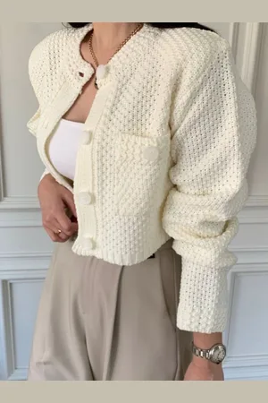 LULU & SKY Women Cable Knit Round Neck Long Sleeves Front-Open Crop Sweaters