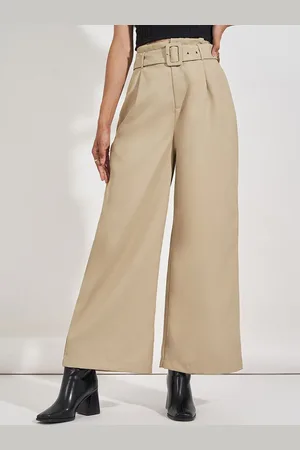 Styli Women Solid High Rise Wide Leg Belted Twill Pants