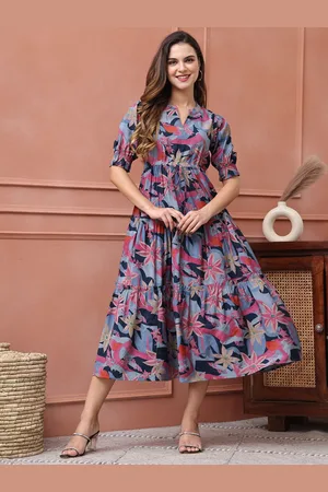 Claura Floral Printed Puff Sleeve Fit & Flare Midi Dress