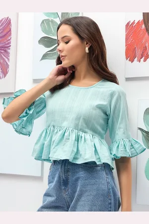 DressBerry Women Cotton Round Neck Bell Sleeve Cotton Peplum Crop Top