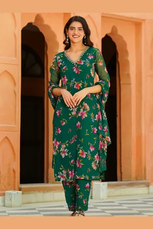 Ambraee Floral Printed Regular Silk Chiffon Straight Kurta With Trousers & Dupatta