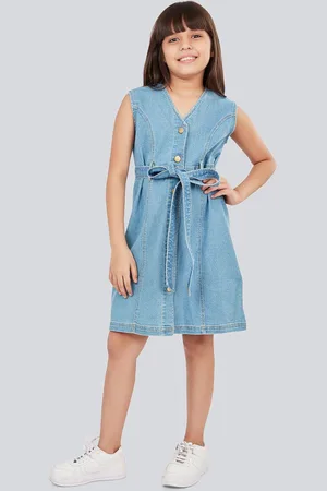 OLELÉ Girls Cotton Denim Sleeveless V-Neck Dress