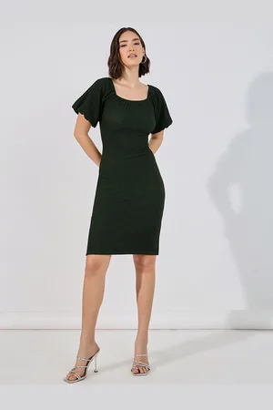 Styli Women Puff Sleeves Sqaure Neck Bodycon Knee Length Dress