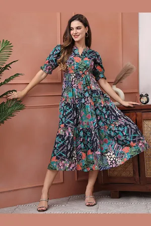 Claura Women Floral Print Puff Sleeve Fit & Flare Midi Dress