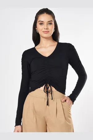 PEOPLE Women Solid Crop Fitted Top