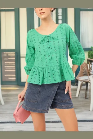 DressBerry Verdant Vibes Schiffli Embroidered Peplum Top