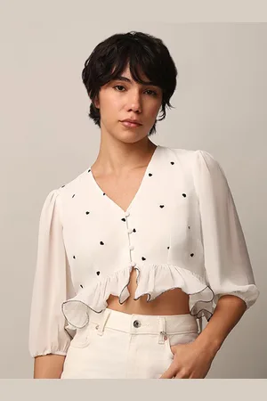 ONLY Women Polka Dot Printed Puff Sleeve Georgette Blouson Crop Top
