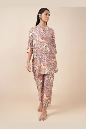 Pantaloons Floral Printed Mandarin Collar Straight Kurta With Trousers