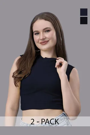 Friskers Women Pack Of 2 Cotton High Neck Sleeveless Crop Top