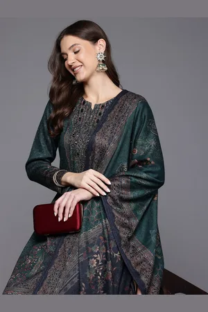 Cayman Ethnic Motifs Printed Beads & Stones Pure Wool Kurta With Trousers & Dupatta