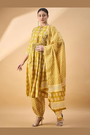 Deewa Women Floral Printed Pleated Pure Cotton Kurta with Patiala & With Dupatta