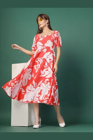 OOMPH Women Floral Printed Puff Sleeve Fit & Flare Midi Dress