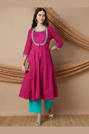 Lifestyle Floral Embroidered Zari Pure Cotton Anarkali Kurta With Trousers
