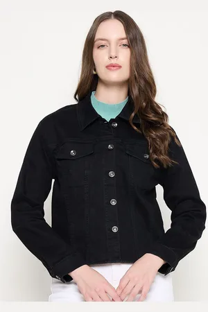 MADAME Women Spread Collar Solid Cotton Casual Denim Jacket
