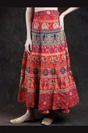 Exotic India Printed Pure Cotton Wrap Maxi Skirts
