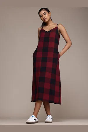 Roadster The Life Co. Pure Cotton Checked A-Line Midi Dress