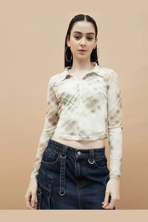 Lifestyle Women Printed Polo Collar Raw Edge T-shirt