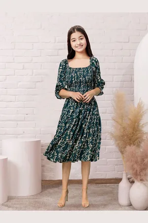 Kedar Fab Girls Floral Print Bell Sleeve Crepe Fit & Flare Dress