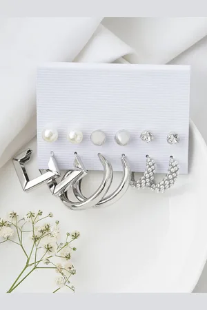 Joker & Witch Set Of 6 Silver-Plated Stone Studded Contemporary Hoop Earrings