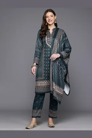 Cayman Ethnic Motifs Printed Beads & Stones Pure Wool Kurta with Trousers & With Dupatta