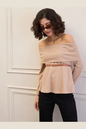 Sassafras Women Off-Shoulder Belted Layered Peplum Top