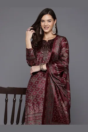 Cayman Ethnic Motifs Printed Beads & Stones Pure Wool Kurta With Trousers & Dupatta