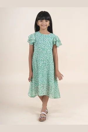 KiddoPanti Girls Floral Print Flutter Sleeve Georgette A-Line Midi Dress