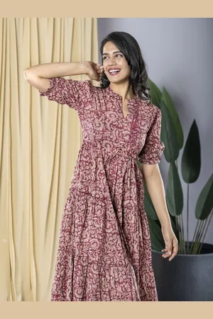 Kalini Women Floral Print Cotton Puff Sleeve Formal Fit & Flare Midi Dress